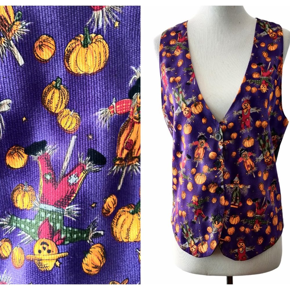 111 Main Womens M Vintage Purple Jack O'Lantern Scarecrow Halloween Button Vest